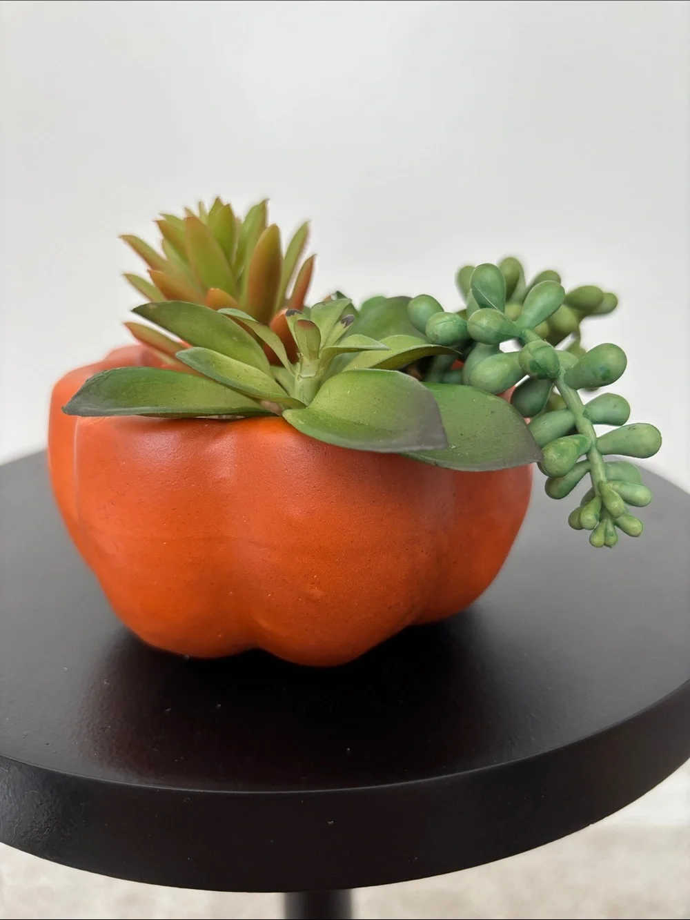 Orange Pumpkin Succulent Planter with Green Faux Succulents